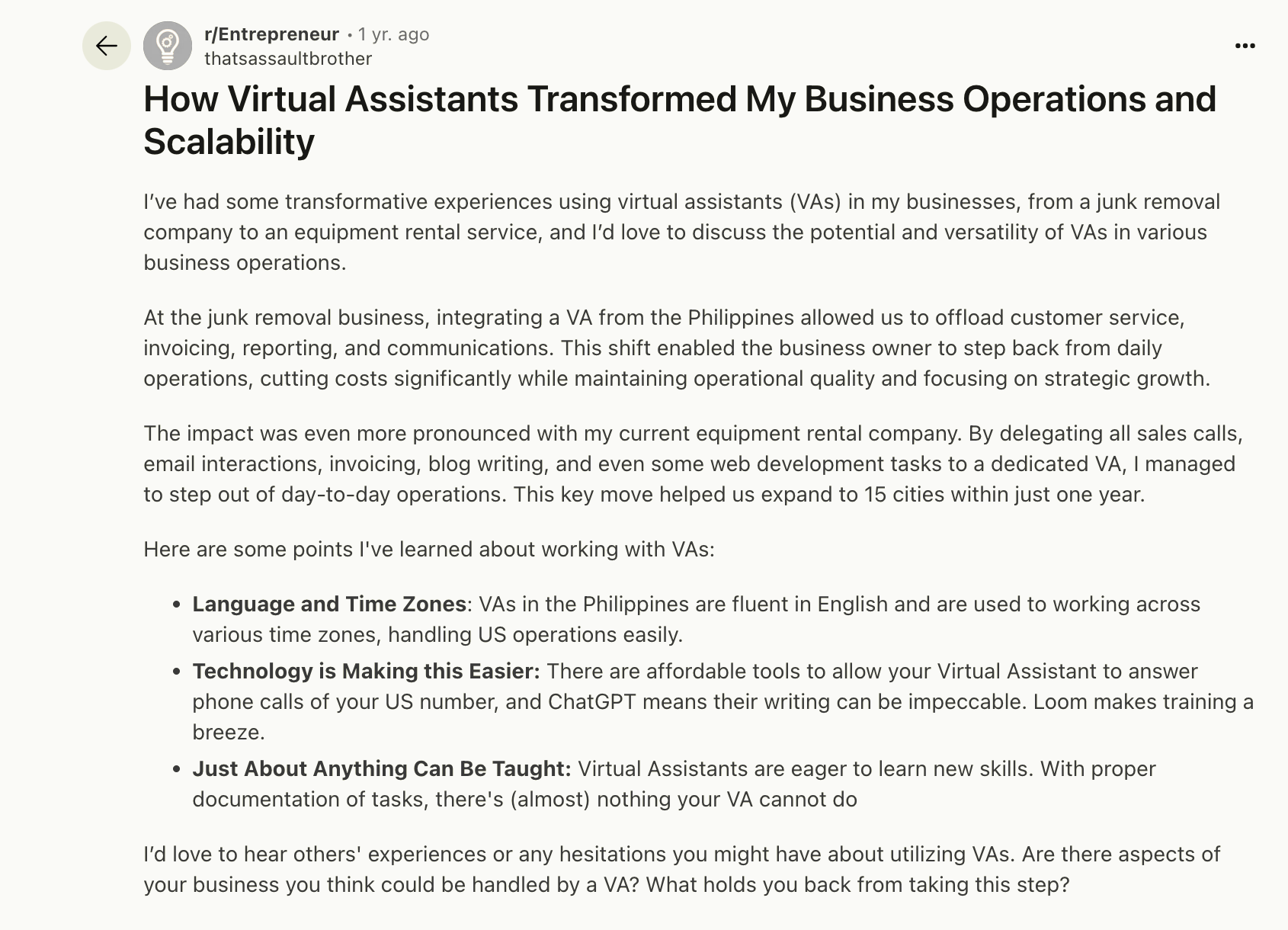 Screenshot from a Reddit discussion where a U.S. business owner explains how virtual assistants helped scale operations and reduce costs