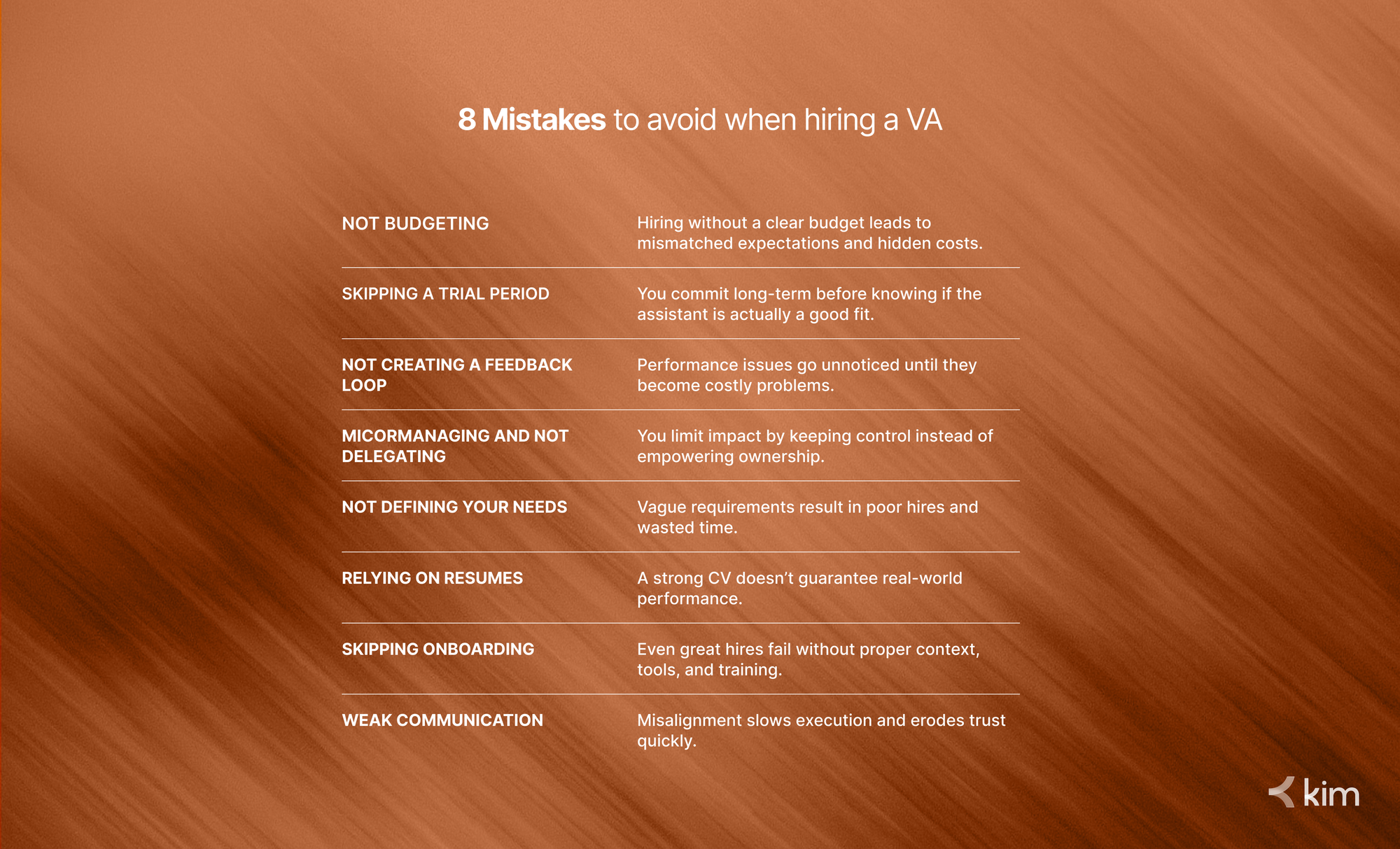 Checklist highlighting eight common mistakes to avoid when hiring a virtual assistant