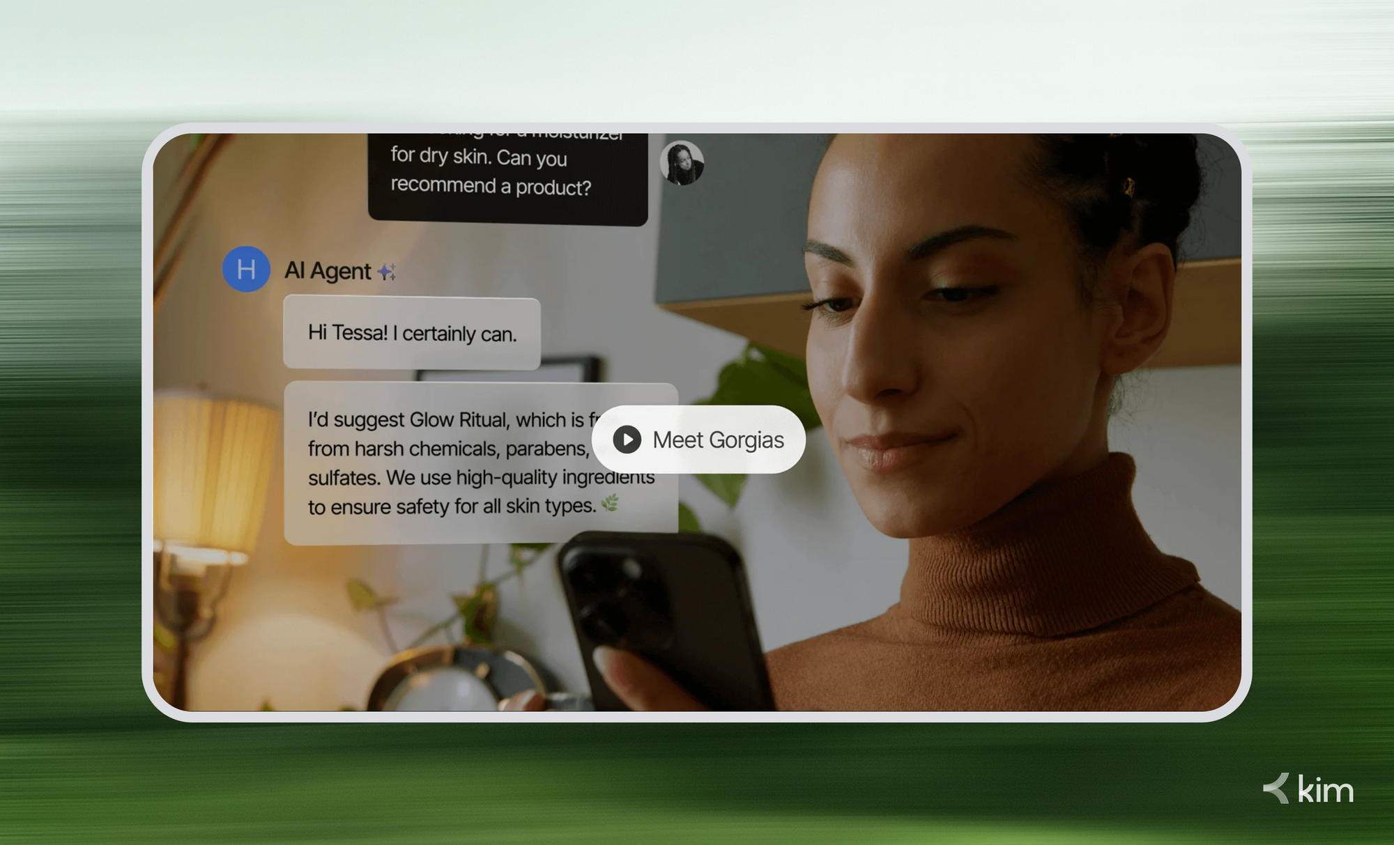 The Gorgias AI chat interface showing an automated customer support conversation that helps resolve product queries in real time.