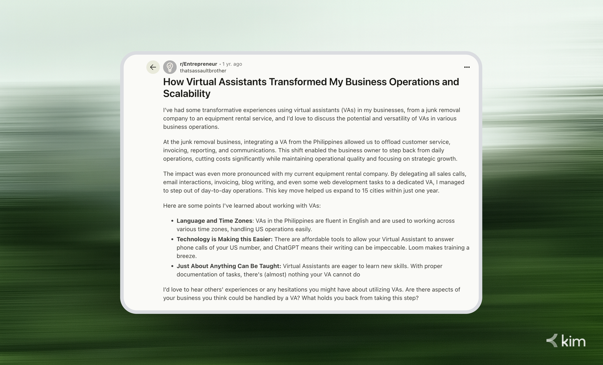 Reddit post discussing how virtual assistants helped scale business operations and improve efficiency