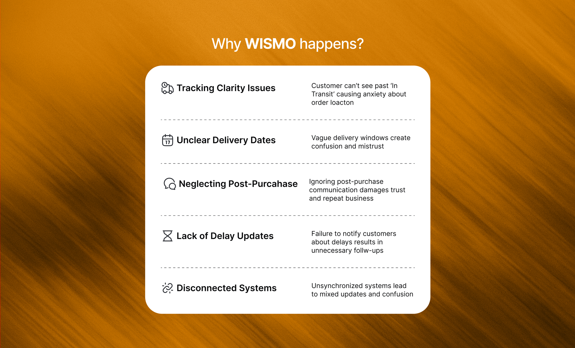 Reasons why WISMO happens for ecommerce orders, including unclear delivery dates and lack of tracking updates