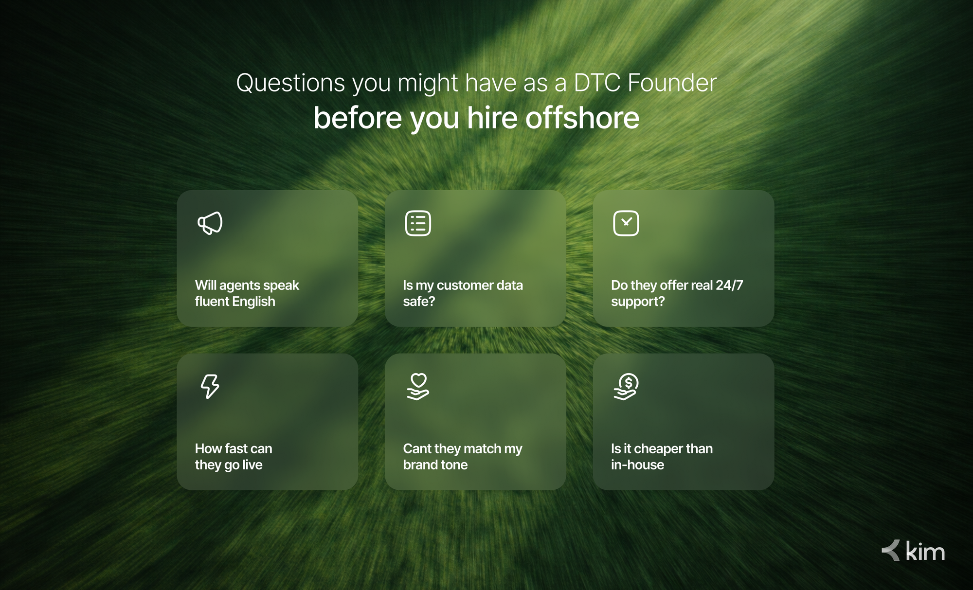 Common questions DTC founders ask before hiring offshore customer support, including data safety, English fluency, brand tone, 24/7 support, speed, and cost